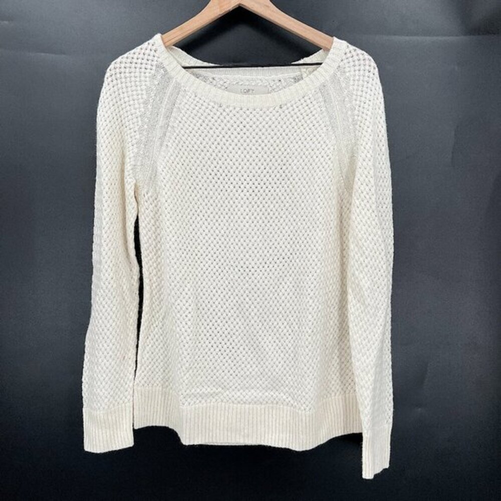 Loft basket weave kit sweater cream ivory wool rabbit hair blend lightweight L